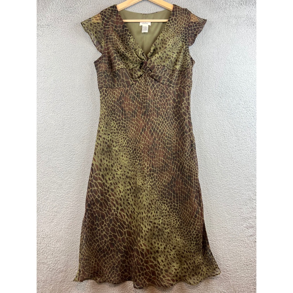 Ombre Womens Snakeskin Print Twist Front V-Neck Midi Dress Olive Green Brown 12